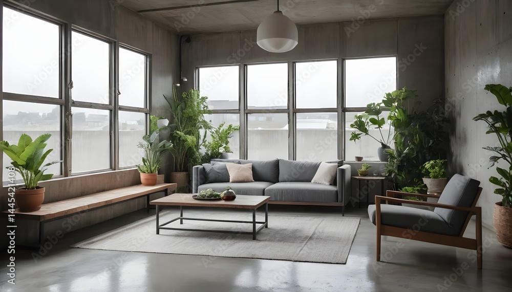 Fototapeta premium Modern Living Room with Greenery and Industrial Design