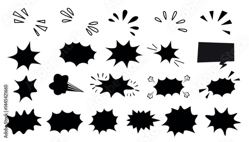 Comic style boom, explosion, and speech bubbles set. Black silhouette design for pop art and retro illustrations.