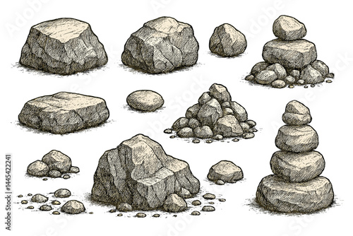 Collection of vector icons featuring various rock formations and arrangements suitable for design and illustrative purposes