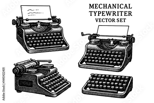 Vintage mechanical typewriter vector set showcasing four unique designs suitable for retro themes