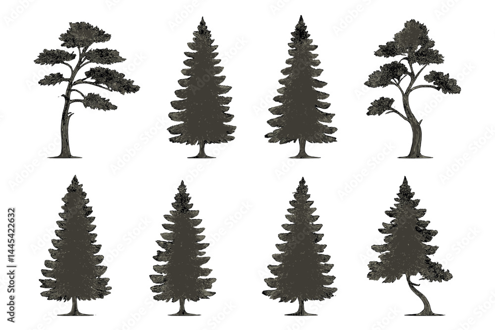 Vector icon collection featuring diverse tree silhouettes suitable for design and illustration projects Vector icon collection featuring diverse tree silhouettes suitable for design and illustration projects