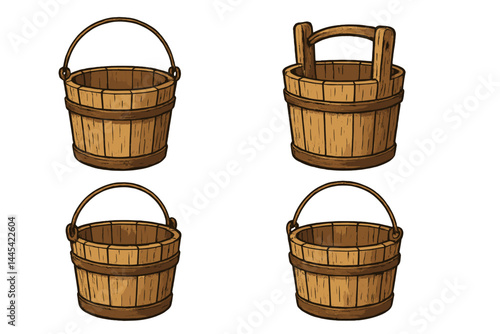 Vector icon set of wooden buckets in various orientations showcasing their rustic design and utility for creative projects