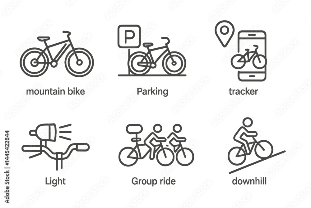 Vector icons illustrating various aspects of cycling including mountain biking, parking, tracking, lighting, group rides, and downhill activities Vector icons illustrating various aspects of cycling including mountain biking, parking, tracking, lighting, group rides, and downhill activities