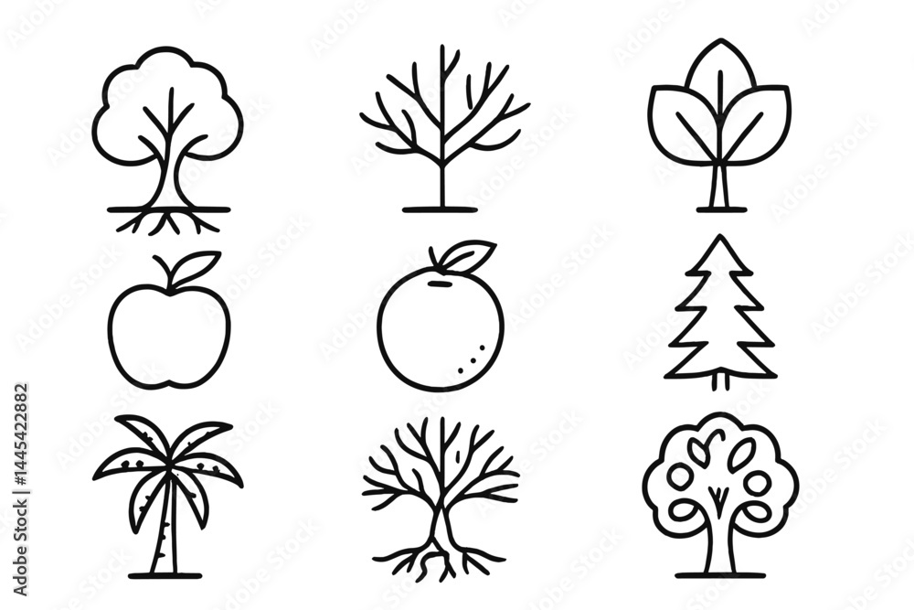 Fototapeta premium Collection of vector icons showcasing various trees, fruits, and botanical designs in a minimalist style