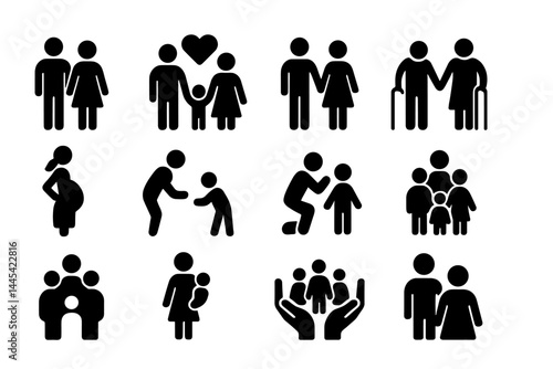 Icons representing diverse family structures and relationships, showing love, care, and unity among various family members