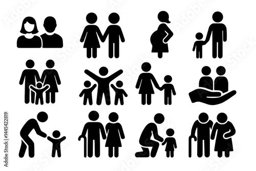 Vector icon set depicting family interactions and relationships in various stages of life and activities promoting togetherness and support