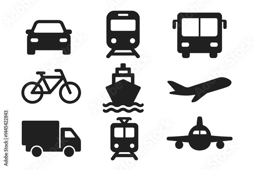 Collection of vector transport icons depicting various modes of transportation including cars, buses, and airplanes