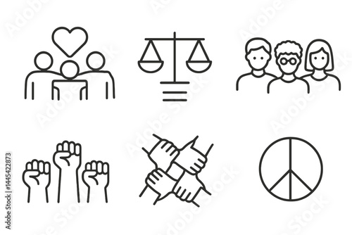 Diverse vector icons representing community values, justice, solidarity, and peace in a unified design featuring symbols of equality