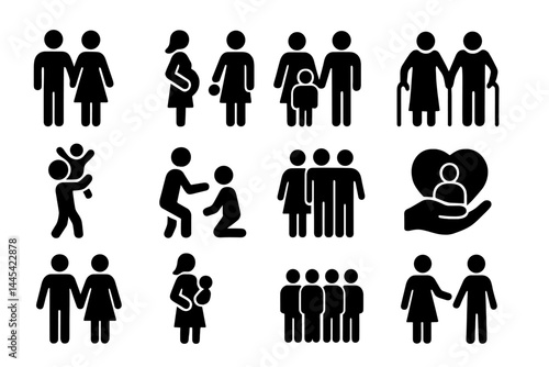 Collection of vector icons representing various family and social relationships amongst individuals in different life stages