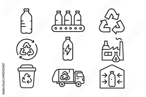 Vector icon collection illustrating recycling process, recyclable materials, and waste management in modern industry