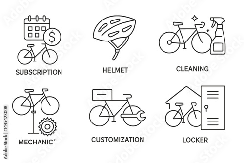 Vector icons representing bicycle services including subscription, helmet, cleaning, mechanic, customization, and locker options for riders