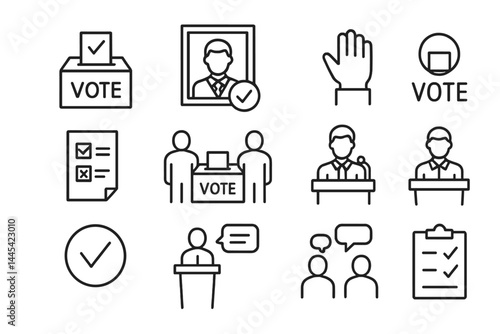 Vector icon collection depicting voting activities, election processes, and civic engagement in a democratic society
