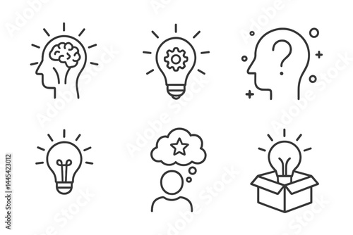 Creative thinking vector icons showcasing ideas and inspiration through brain, light bulb, and thought symbols