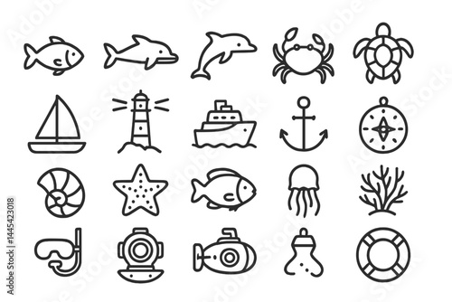 Collection of ocean-themed vector icons showcasing marine life, navigation tools, and underwater exploration activities