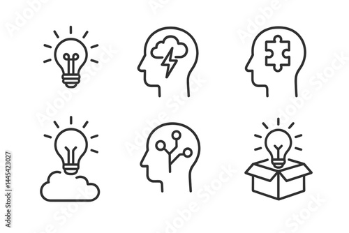 Icons representing creative thinking and problem solving with light bulbs and heads in various concepts