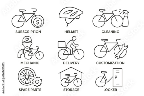Bicycle service and maintenance activities with icons for subscription, delivery, and customization options