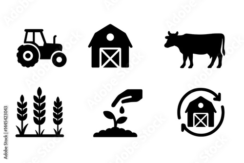 Illustrative vector icons representing farming activities including tractors, barns, livestock, and plant growth