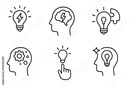 Creative icons representing ideas and insights with light bulbs and human heads showcasing innovative thinking and problem-solving skills