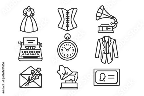 Collection of vintage style icons illustrating fashion and communication elements from a bygone era, showcasing a dress, corset, and more