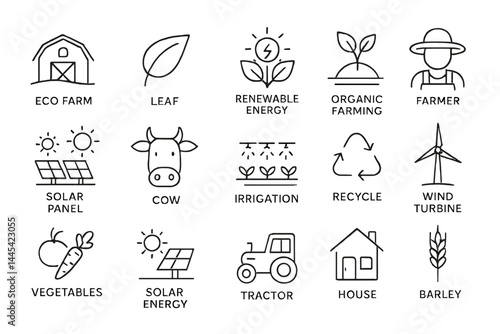 Vector icon collection illustrating sustainable farming practices and renewable energy sources for eco-friendly agriculture