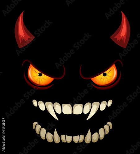 sinister face outlined with a wide toothy grin and piercing red eyes on a black background, evoking an eerie and menacing feeling vector illustration