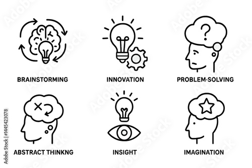 Vector icons representing brainstorming, innovation, problem-solving, abstract thinking, insight, and imagination in a creative context