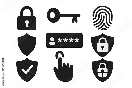 Collection of security icons featuring locks, keys, fingerprints, and shields representing digital protection concepts
