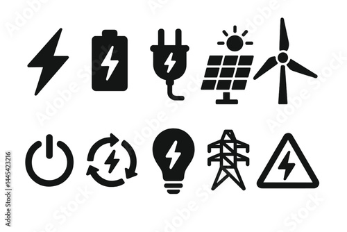 Collection of vector icons depicting energy-related symbols for renewable power and electrical concepts
