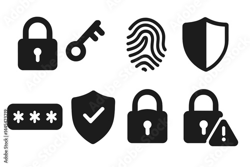 Vector icons representing security concepts including locks, keys, fingerprints, and shields to symbolize protection and privacy