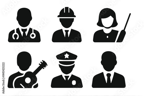 Various vector icons representing diverse professions including doctor, construction worker, musician, police officer, and businessperson
