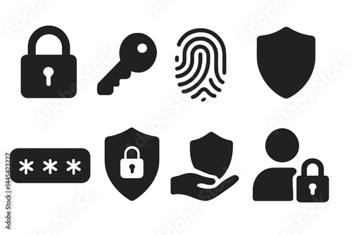 Vector icons representing security features such as locks, keys, fingerprints, and user authentication methods for digital safety