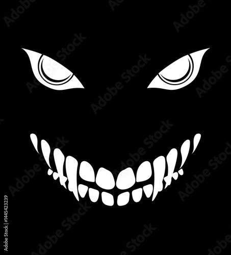 stylized of a sinister grinning face with sharp teeth and piercing eyes on a black background, conveying a sense of horror or mystery vector illustration