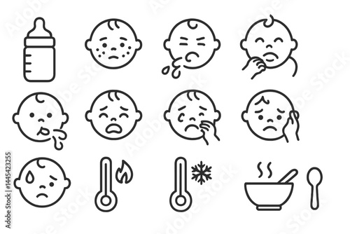 Collection of vector icons depicting various baby expressions and health indicators for use in childcare education and communication