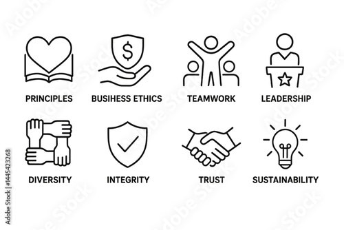 Vector icons representing key concepts in professional ethics, teamwork, leadership, and sustainability for modern organizations
