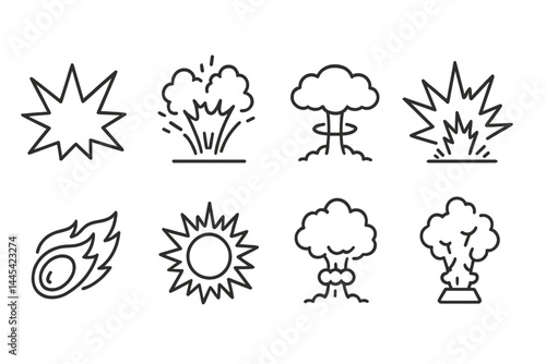 Explosive icons representing various types of blasts and impacts in a clean vector art style for graphic design projects