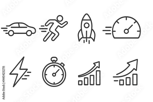 Vector icons representing speed, movement, and progress with various symbols including cars, rockets, and graphs