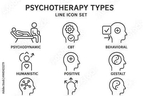 Vector icons depicting various psychotherapy types including psychodynamic, CBT, behavioral, humanistic, positive, and gestalt approaches