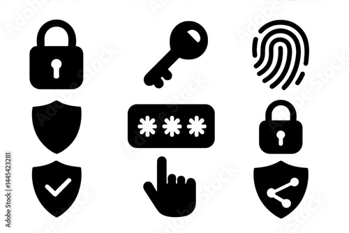 Collection of vector icons representing security concepts including locks, key, fingerprint, and password entry used online