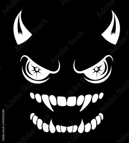 stylized of a sinister grinning face with sharp teeth and piercing eyes on a black background, conveying a sense of horror or mystery vector illustration