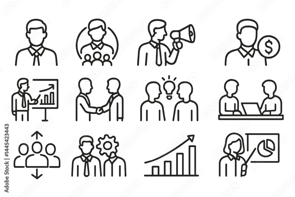 Vector icons representing business activities, meetings, and teamwork for professional development in various workplace scenarios Vector icons representing business activities, meetings, and teamwork for professional development in various workplace scenarios