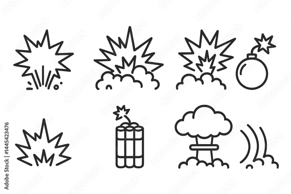 Naklejka premium Explosive icons depicting various types of explosions and bomb symbols in minimalistic vector art style