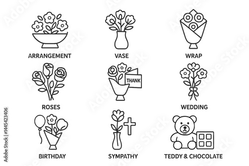 Floral arrangement vector icons showcasing various designs and themes for gifting occasions and decorative purposes