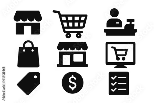 Vector icon set featuring shopping elements like store, cart, cashier, and shopping bag for e-commerce themes