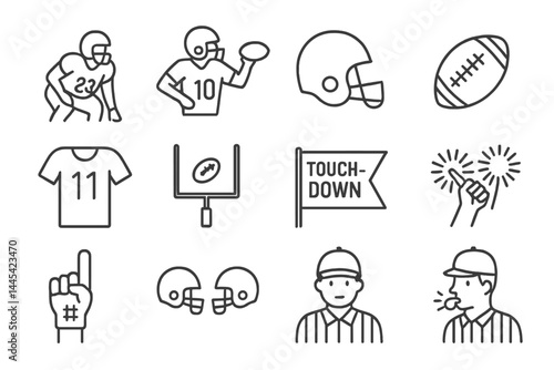 Collection of vector icons representing football players, equipment, and game actions in a sporty design