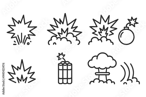 Explosive icons depicting various types of explosions and bomb symbols in minimalistic vector art style