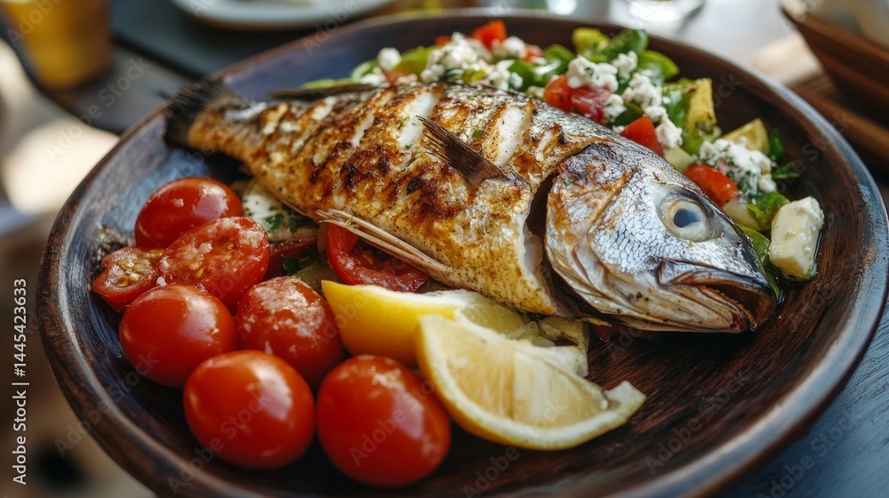 Grilled fish on a plate with vegetables, lemon and fresh tomatoes. Useful for cooking blogs, restaurant menus, healthy food advertisements. Grilled fish on a plate with vegetables, lemon and fresh tomatoes. Useful for cooking blogs, restaurant menus, healthy food advertisements.