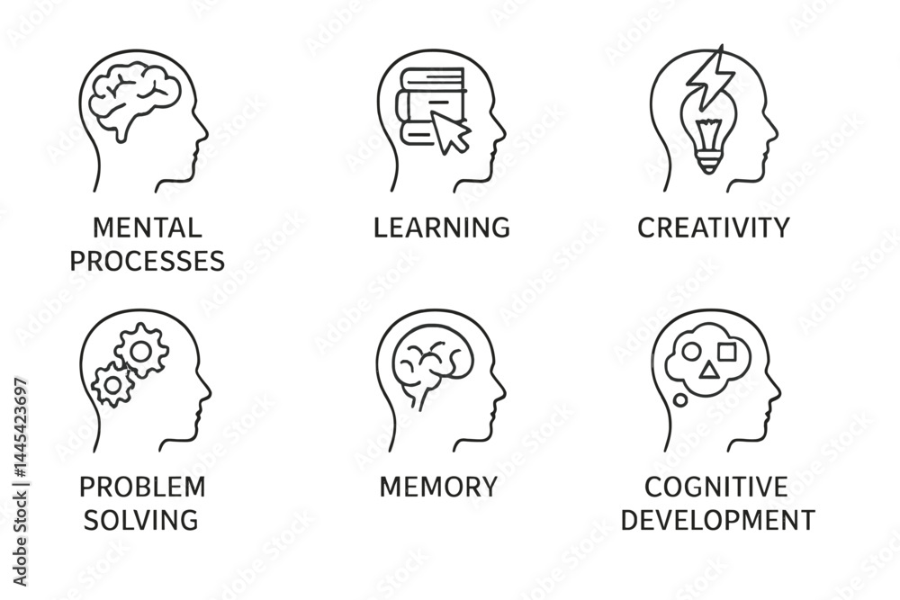 Vector icons representing mental processes, learning, creativity, problem solving, memory, and cognitive development in a concise layout Vector icons representing mental processes, learning, creativity, problem solving, memory, and cognitive development in a concise layout