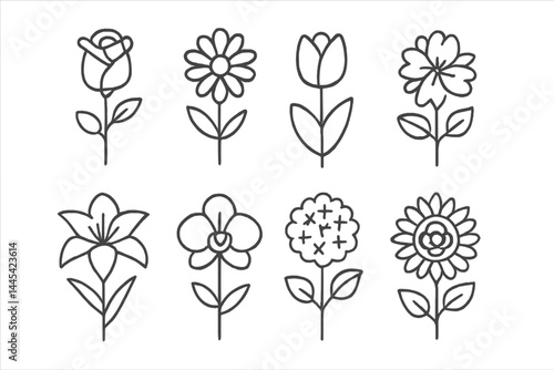 Vector icons of various flower designs featuring simplistic and elegant line art styles showcasing different types of blooms and foliage