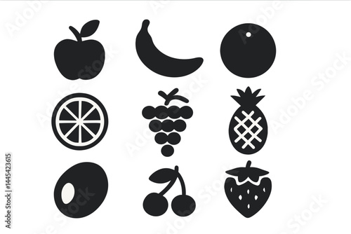 Fruits vector icon set featuring apple, banana, orange, lemon, grapes, pineapple, olive, cherry, and strawberry in simple design