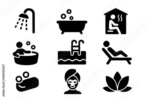 Vector icons representing various relaxation and self-care activities in a spa setting